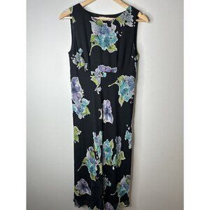 Talbots Vintage Dress Black Fairy Romantic Floral 100% Silk MIDI Sleeveless Sz 6